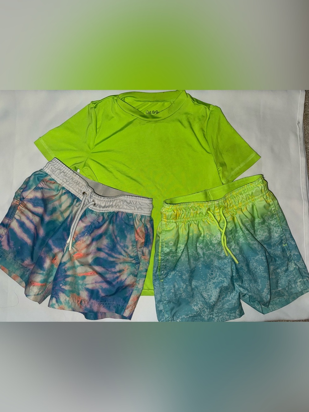 Cat & Jack Neon Green Tee with Tie-Dye and Aqua Swim Trunks